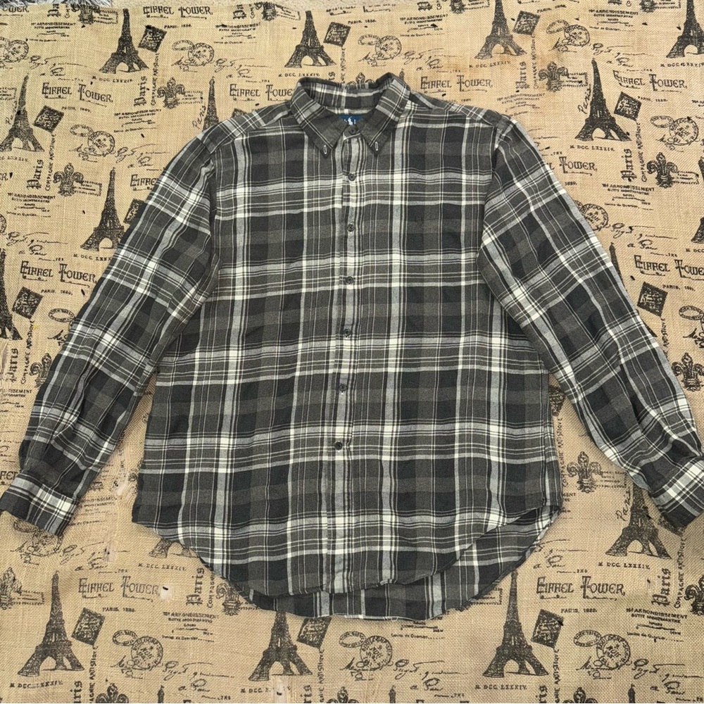 Ralph Lauren Grey/ White Flannel Plaid Long Sleeve Button-Up Shirt Size XL